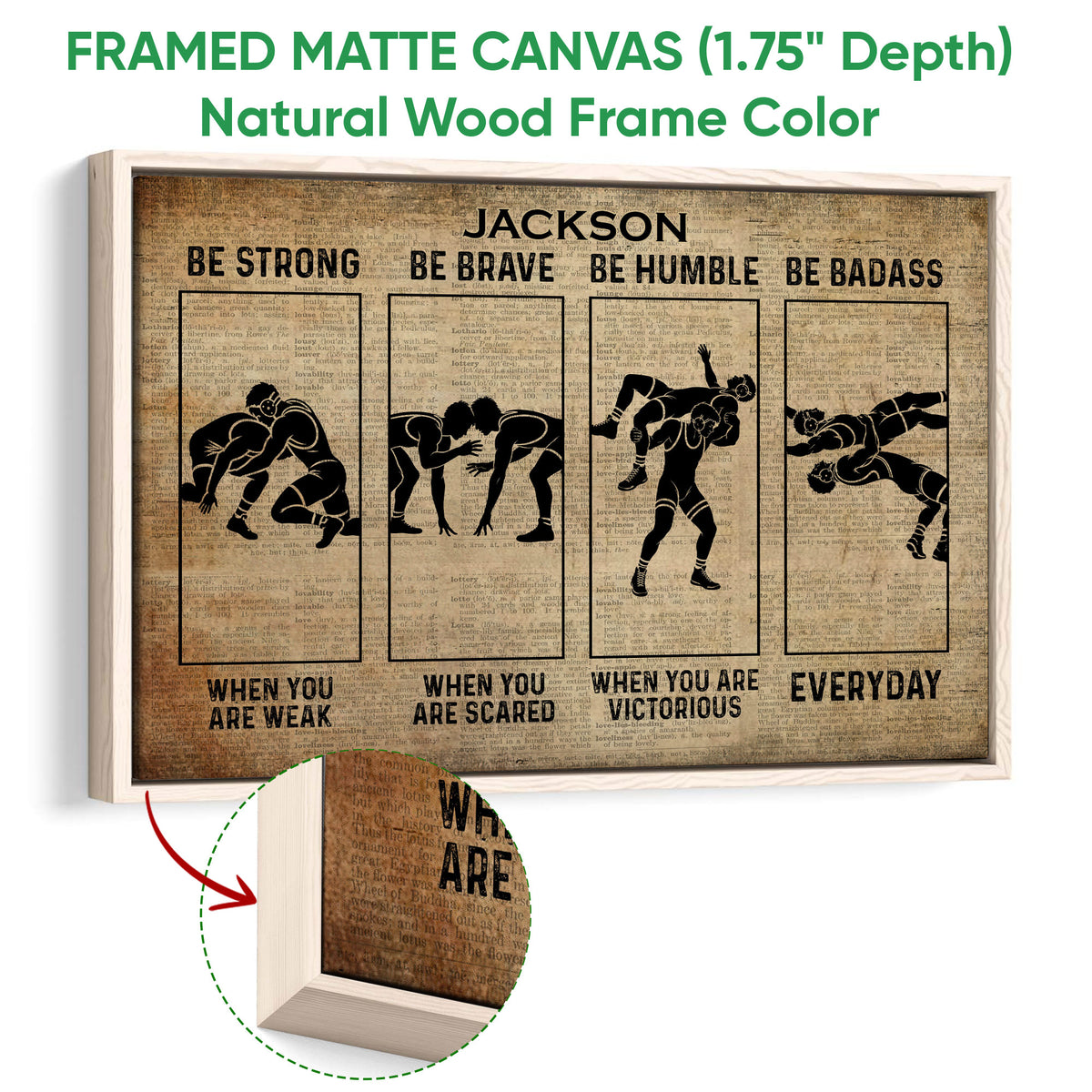Framed wrestling canvas wall art shown with a natural wood frame and close-up detail