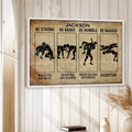 Wrestling wall art displayed in a bright room with white wood-paneled walls and neutral decor