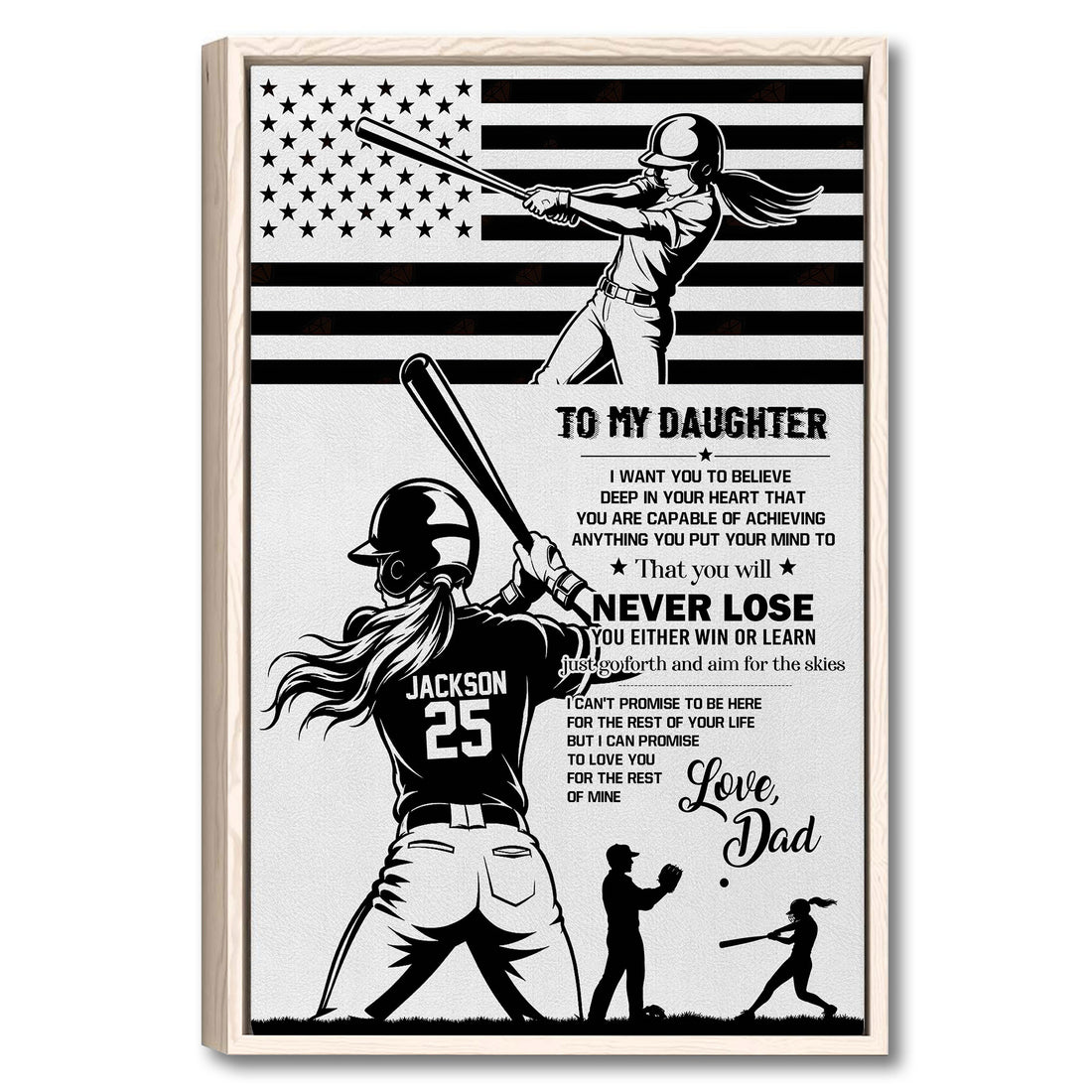 Framed softball wall art featuring a batter, American flag-inspired background, and father-daughter sports theme