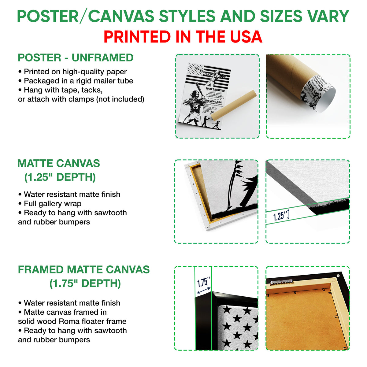 Poster and canvas wall art option guide showing unframed poster, matte canvas, and framed canvas formats