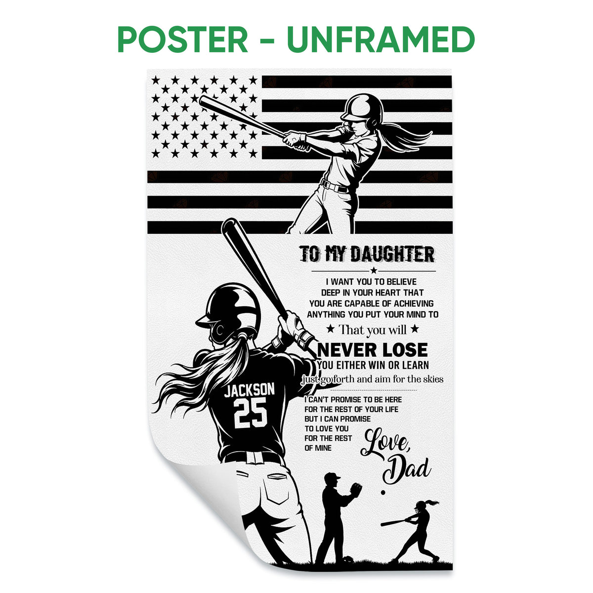 Unframed softball poster featuring a batter, motivational father-daughter message, and monochrome sports artwork