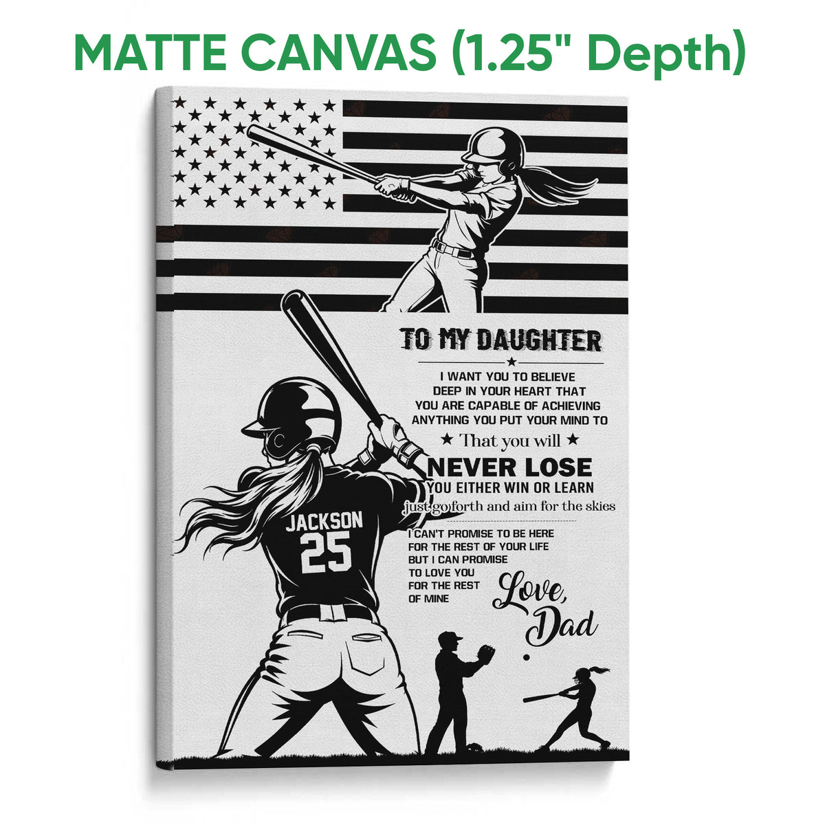 Matte canvas softball wall art featuring a batter, motivational message, and black and white sports design