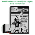Black framed canvas softball wall art with batter artwork, motivational message, and close-up frame detail