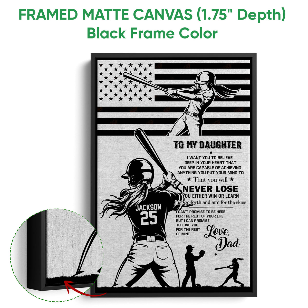 Black framed canvas softball wall art with batter artwork, motivational message, and close-up frame detail