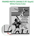 White framed canvas softball wall art with batter artwork, motivational message, and close-up frame detail
