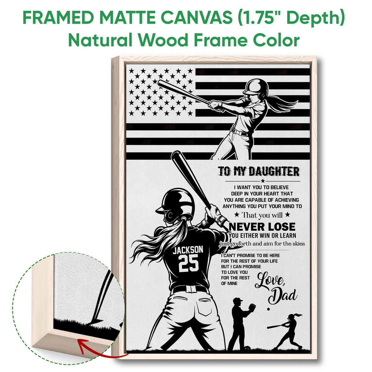 Natural wood framed softball wall art with batter artwork, motivational message, and close-up frame detail