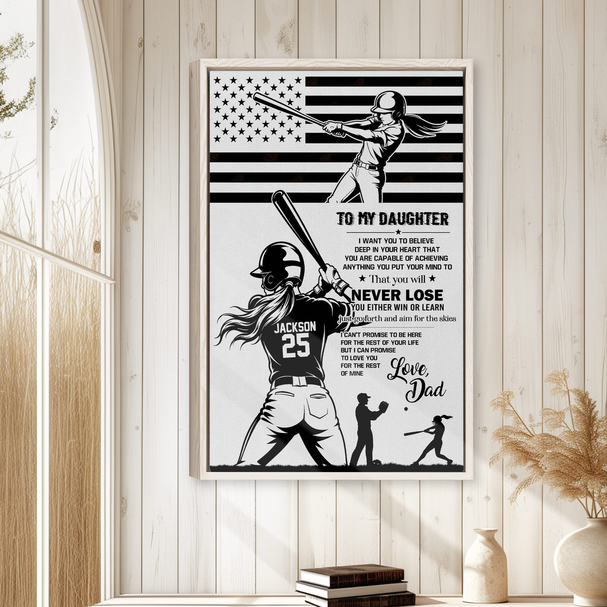 Softball wall art displayed on a light wood-paneled wall in a bright home interior