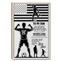 Framed soccer wall art featuring a player, soccer ball, stars and stripes, and a father-to-son message