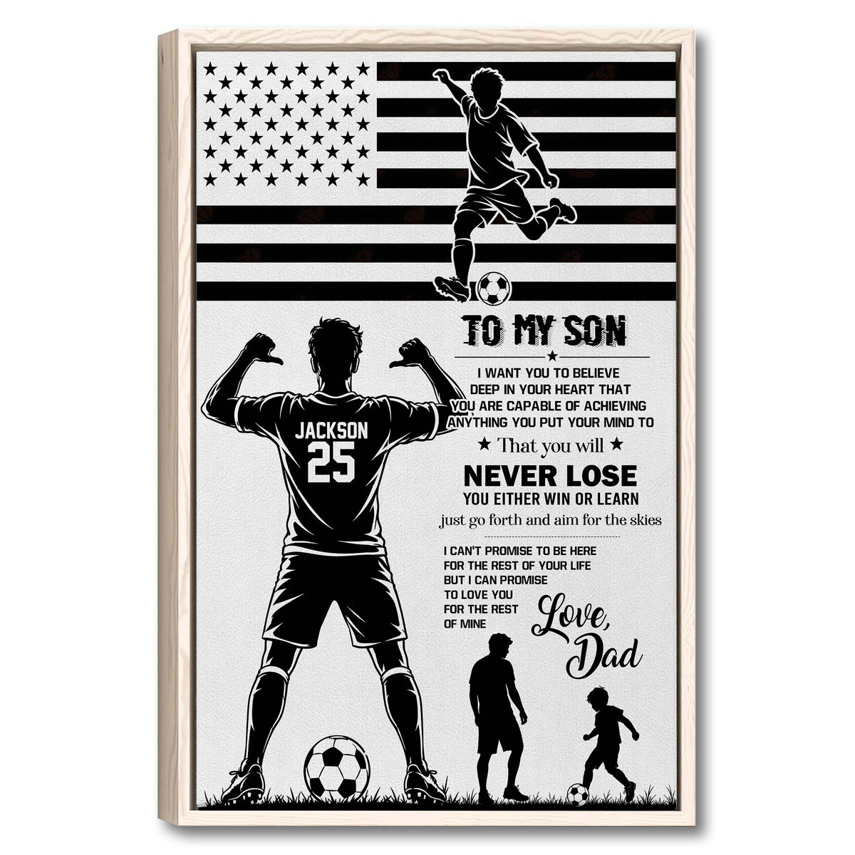 Framed soccer wall art featuring a player, soccer ball, stars and stripes, and a father-to-son message