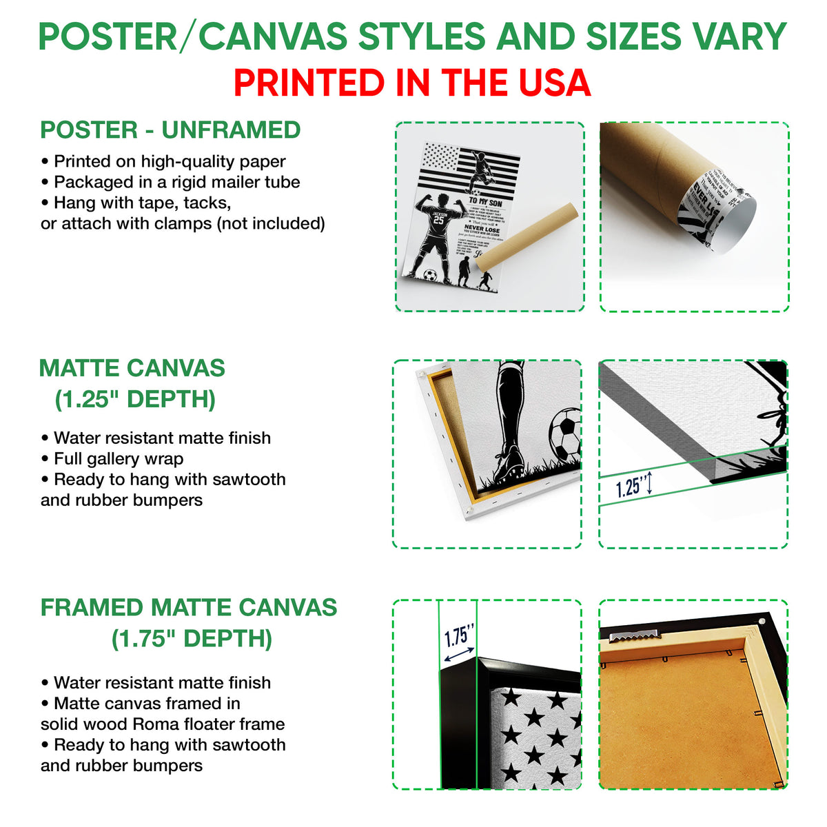 Poster and canvas wall art options guide showing unframed poster, matte canvas, and framed canvas formats