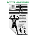 Unframed soccer poster with a running player, soccer ball, stars and stripes, and an encouraging message