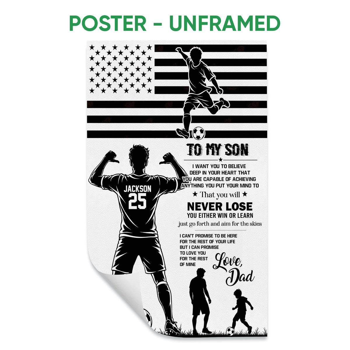 Unframed soccer poster with a running player, soccer ball, stars and stripes, and an encouraging message