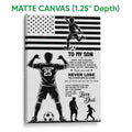 Matte canvas soccer wall art showing a player, soccer ball, stars and stripes, and a father-to-son message