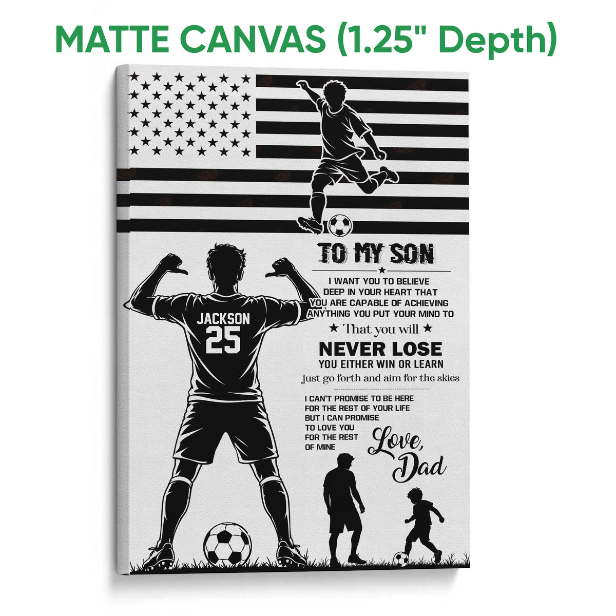Matte canvas soccer wall art showing a player, soccer ball, stars and stripes, and a father-to-son message