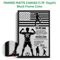 Black framed soccer canvas wall art with player silhouettes, soccer balls, stars and stripes, and text design