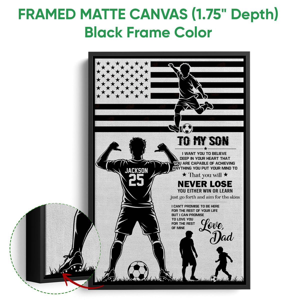 Black framed soccer canvas wall art with player silhouettes, soccer balls, stars and stripes, and text design