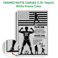 White framed soccer canvas wall art featuring a soccer player, ball, stars and stripes, and family message
