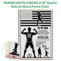 Natural wood framed soccer wall art with a player, soccer ball, stars and stripes, and father-to-son theme