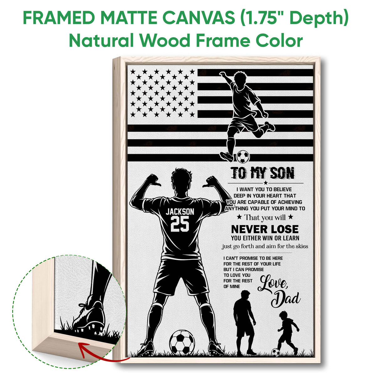 Natural wood framed soccer wall art with a player, soccer ball, stars and stripes, and father-to-son theme