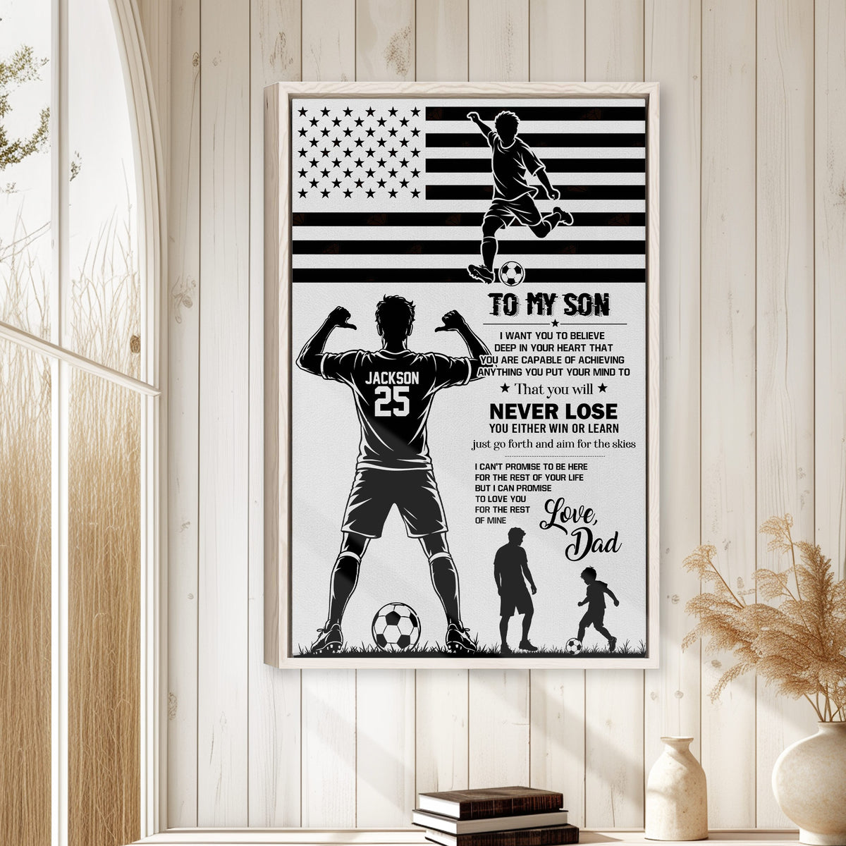 Soccer wall art displayed on a light wood wall in a home setting with a natural wood frame