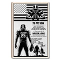Framed football wall art with an American football player, flag background, and father son tribute design