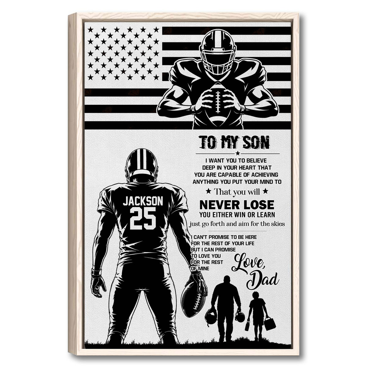 Framed football wall art with an American football player, flag background, and father son tribute design
