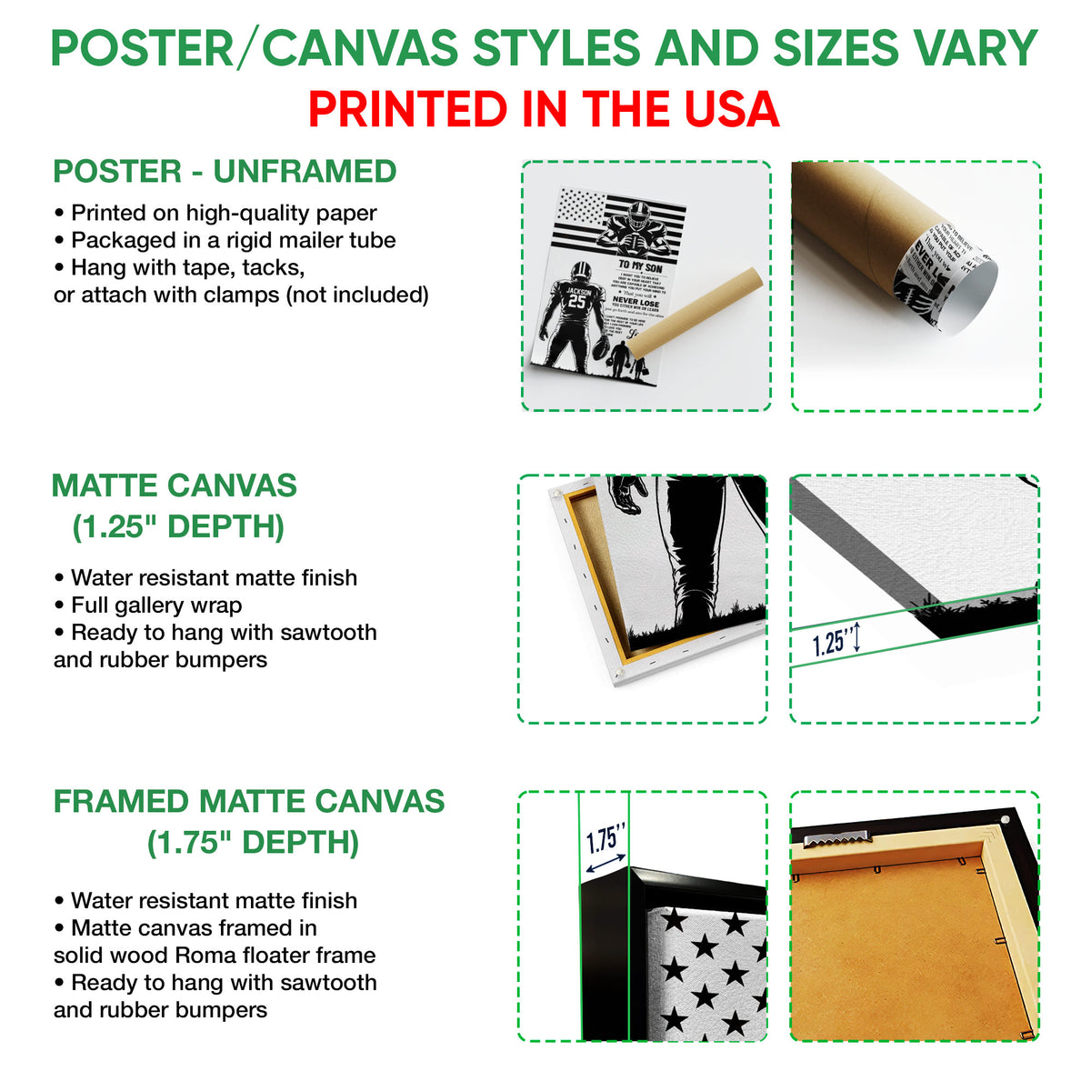 Football wall art format guide showing unframed poster, matte canvas, and framed canvas options