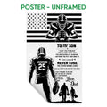 Unframed football poster featuring a helmeted player, American flag design, and father son tribute artwork