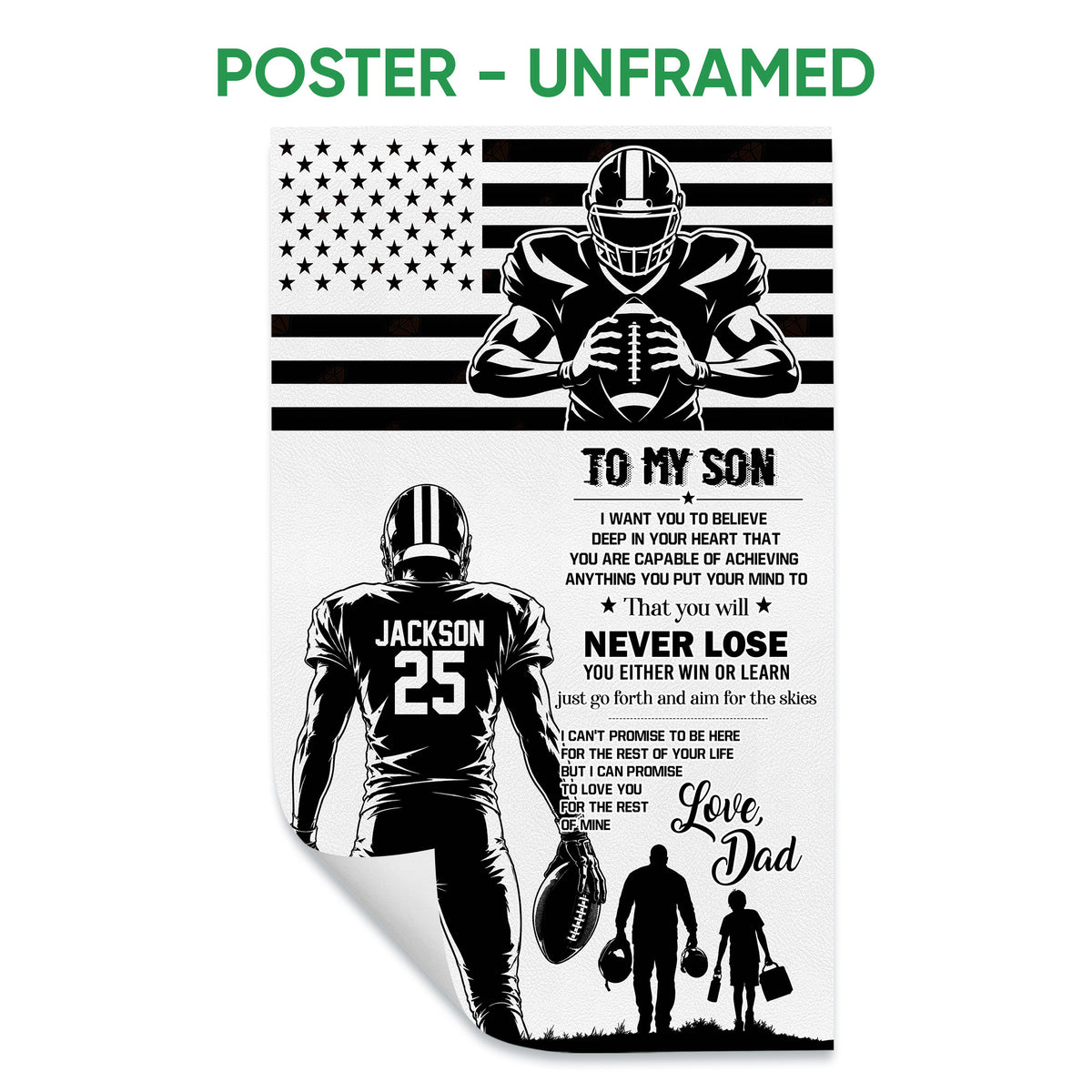 Unframed football poster featuring a helmeted player, American flag design, and father son tribute artwork