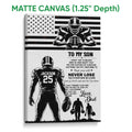 Matte canvas football wall art featuring a player with a football and a black and white flag background