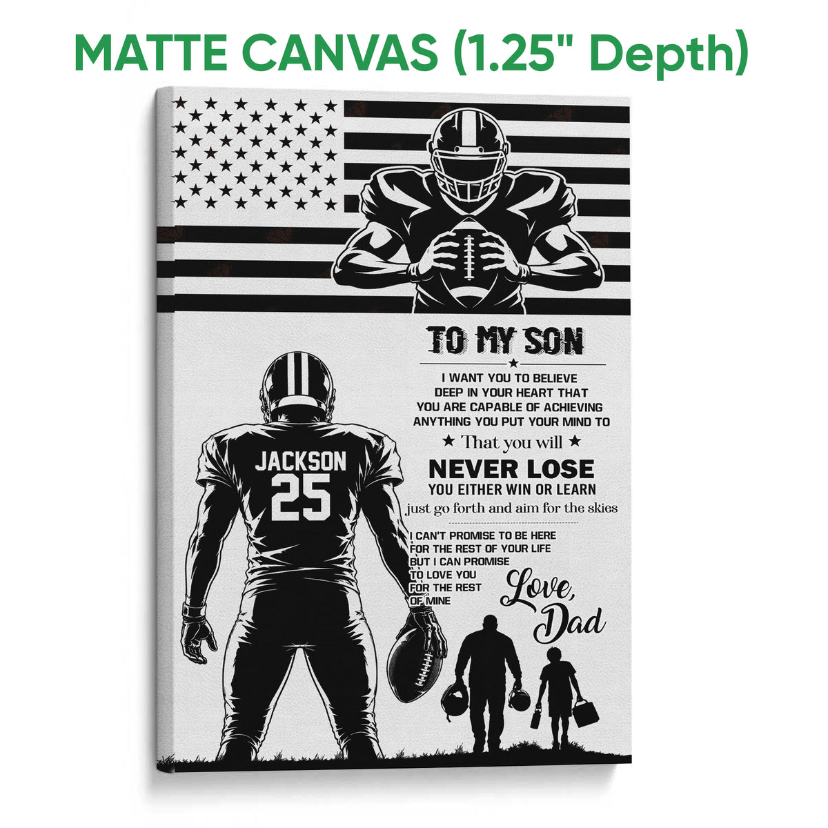 Matte canvas football wall art featuring a player with a football and a black and white flag background
