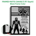 Black framed football canvas wall art with player artwork, flag background, and family tribute design