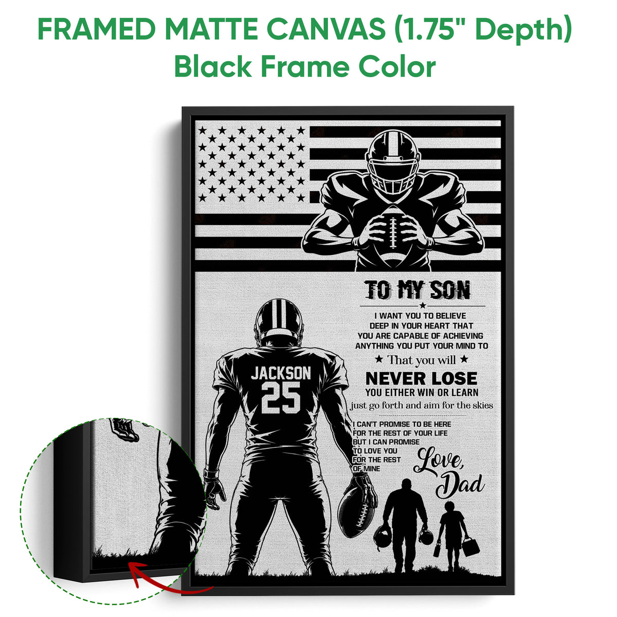Black framed football canvas wall art with player artwork, flag background, and family tribute design