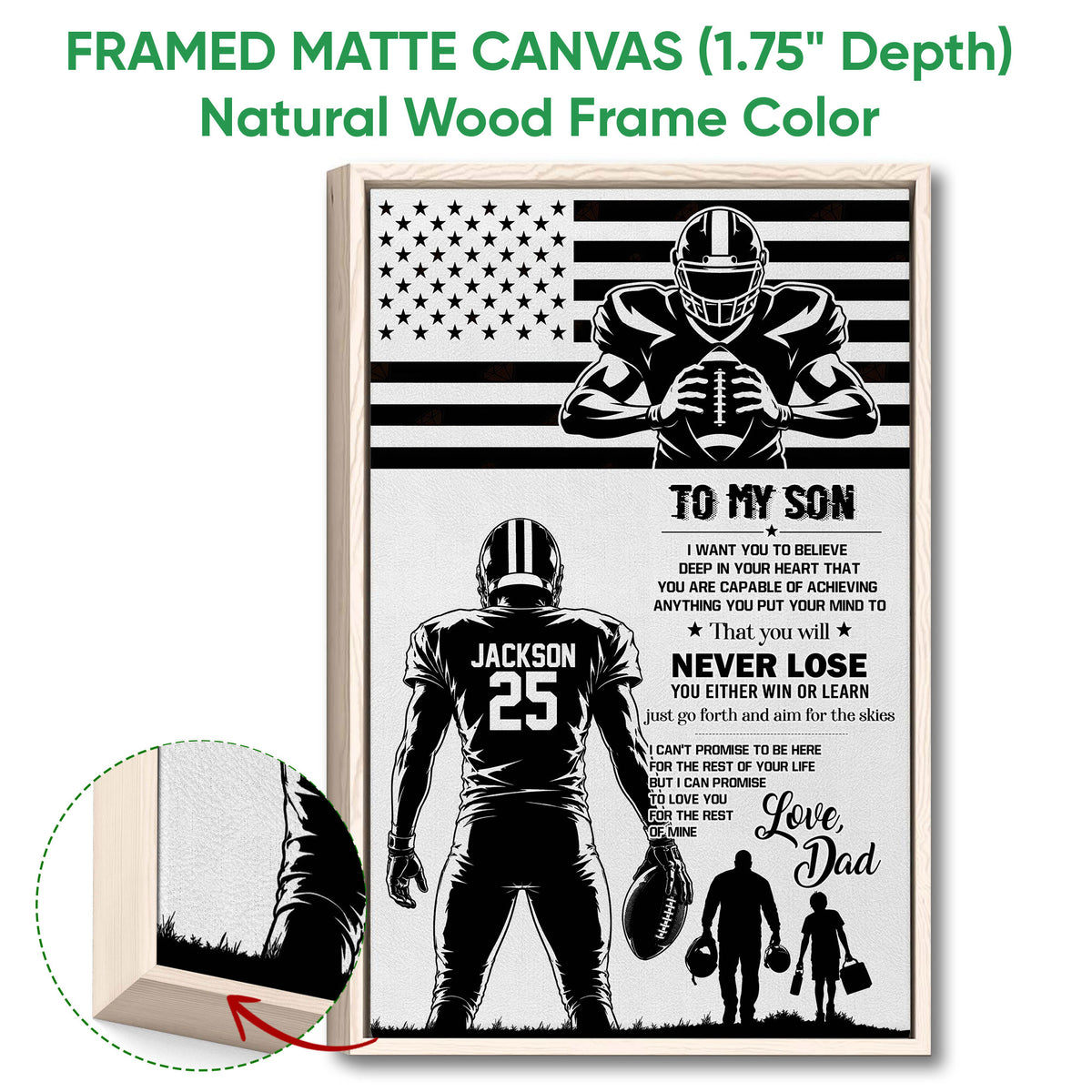 Natural wood framed football wall art with player illustration, flag background, and family-themed artwork