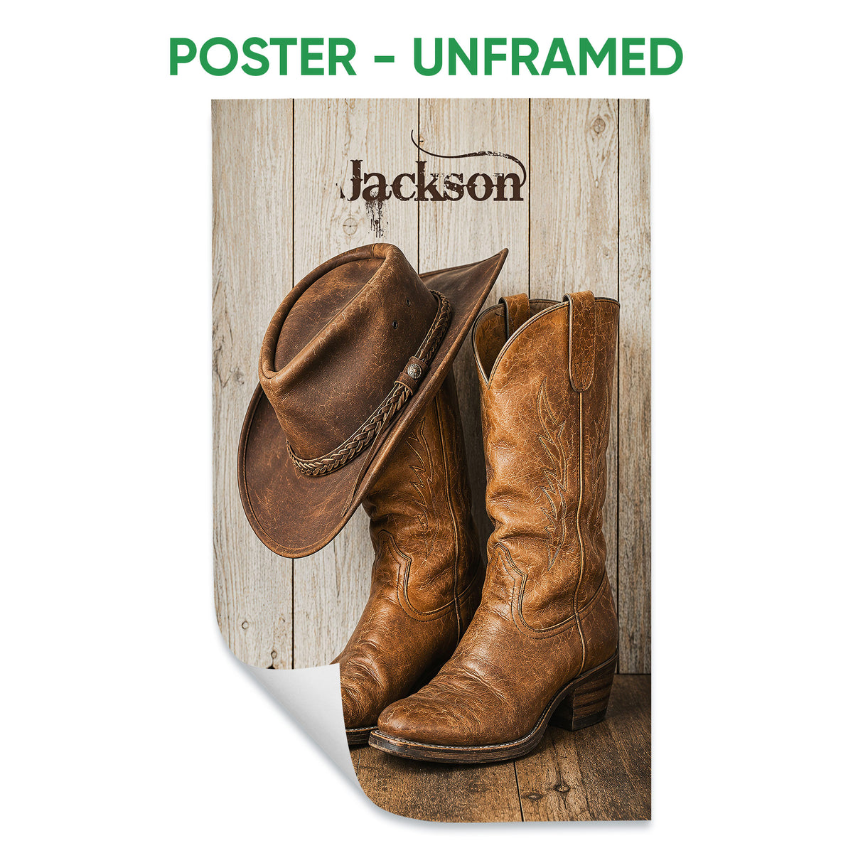 Unframed cowboy poster featuring a western hat and leather boots on a weathered wood background
