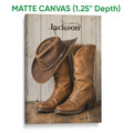 Matte canvas cowboy wall art featuring a western hat and leather boots in warm brown tones