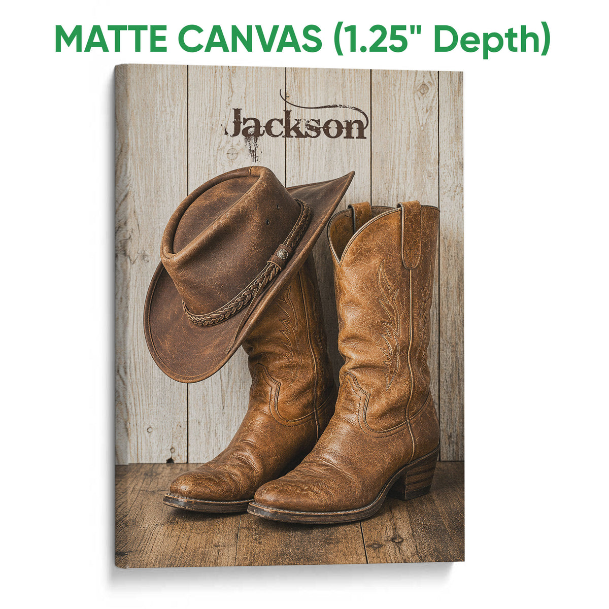 Matte canvas cowboy wall art featuring a western hat and leather boots in warm brown tones