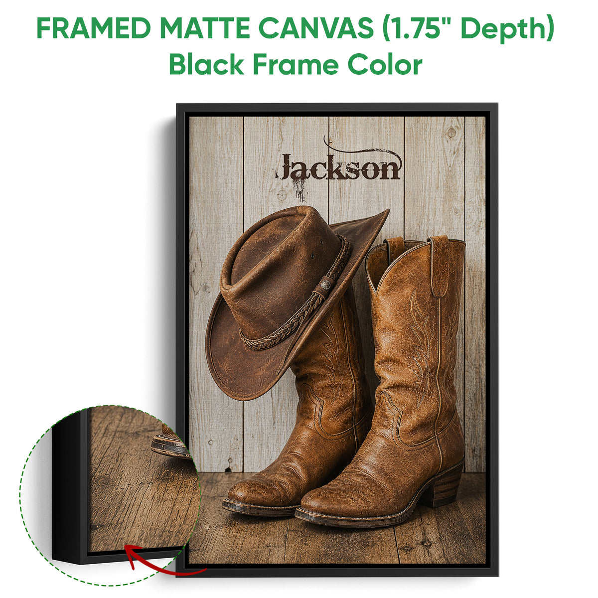 Black framed cowboy canvas wall art with a western hat and leather boots