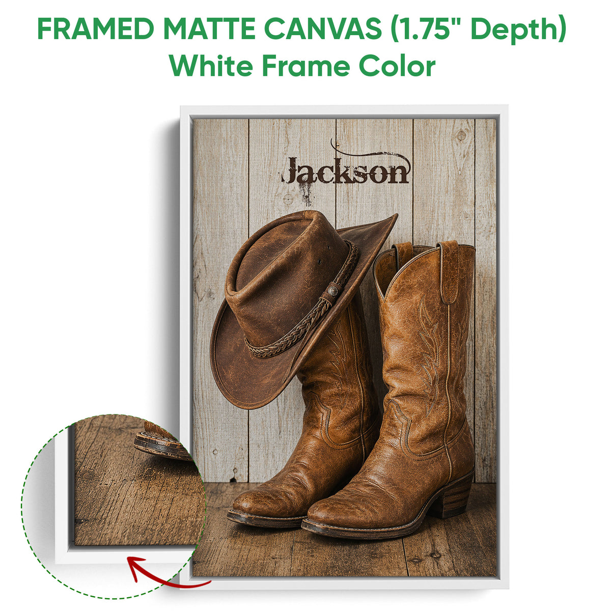White framed cowboy canvas wall art featuring a western hat and leather boots