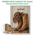 Natural wood framed cowboy canvas wall art with a western hat and leather boots