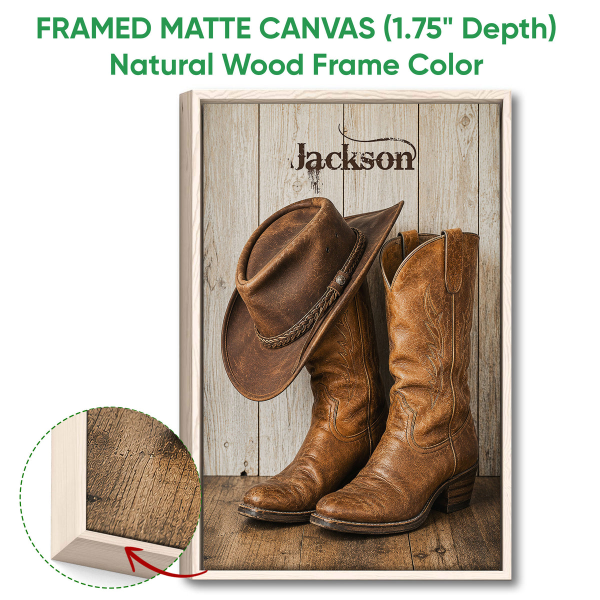 Natural wood framed cowboy canvas wall art with a western hat and leather boots