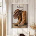 Cowboy wall art displayed in a bright rustic room with white wood paneling and neutral decor