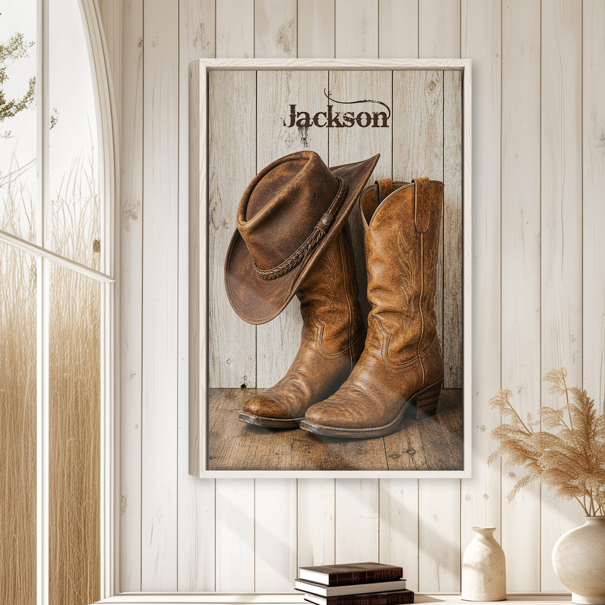 Cowboy wall art displayed in a bright rustic room with white wood paneling and neutral decor