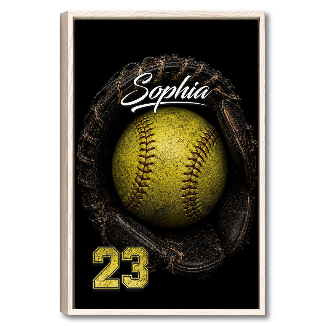 Framed softball wall art featuring a bright yellow softball in a dark glove on a black background