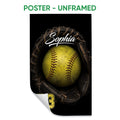 Unframed softball poster showing a yellow softball held in a dark glove against a black background