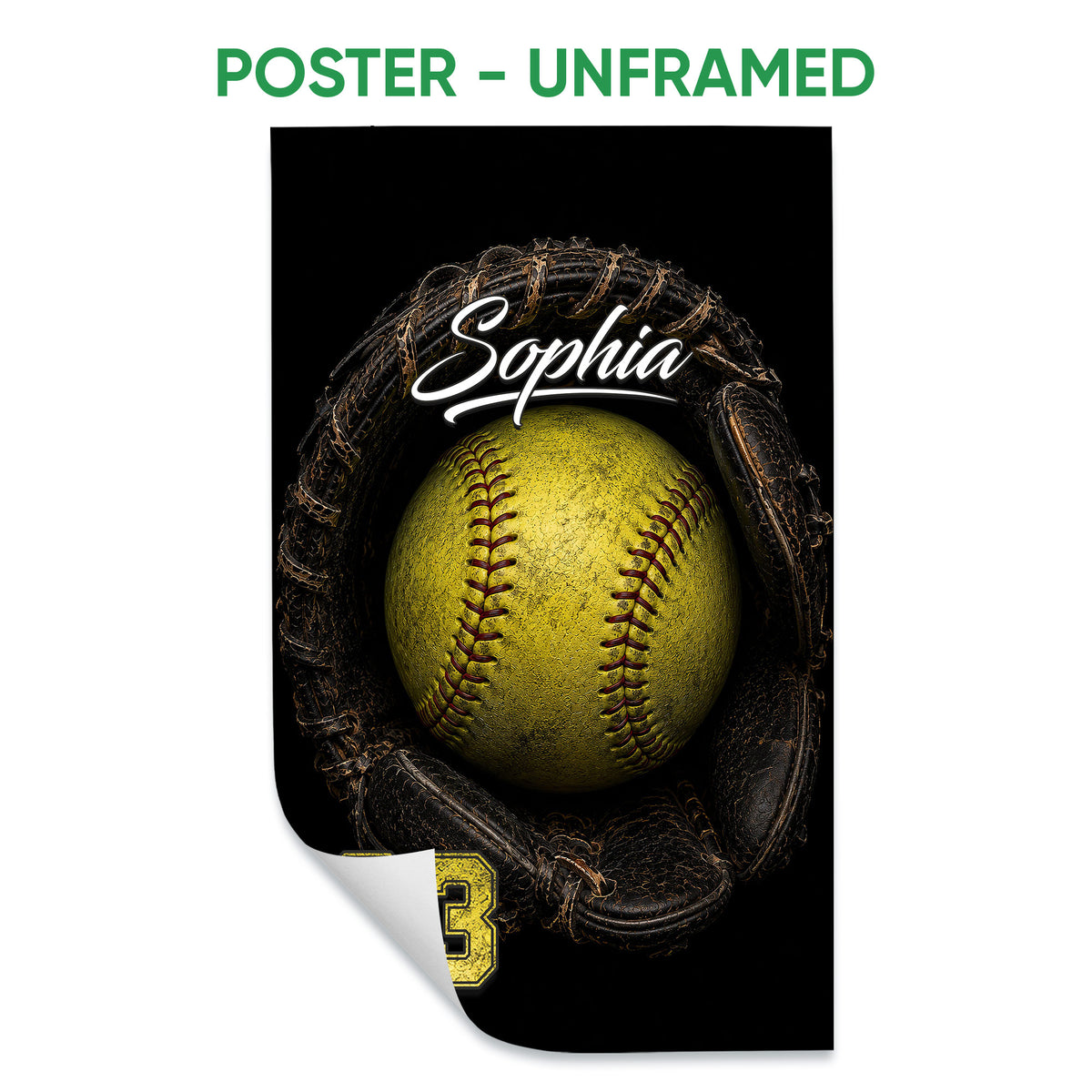 Unframed softball poster showing a yellow softball held in a dark glove against a black background