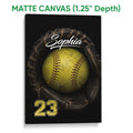 Matte canvas softball wall art featuring a dramatic yellow softball and dark glove design