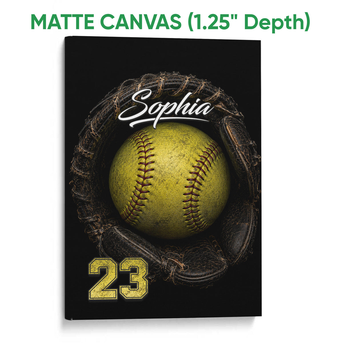 Matte canvas softball wall art featuring a dramatic yellow softball and dark glove design