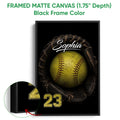 Black framed canvas softball wall art with a close-up view of the frame and bold sports artwork