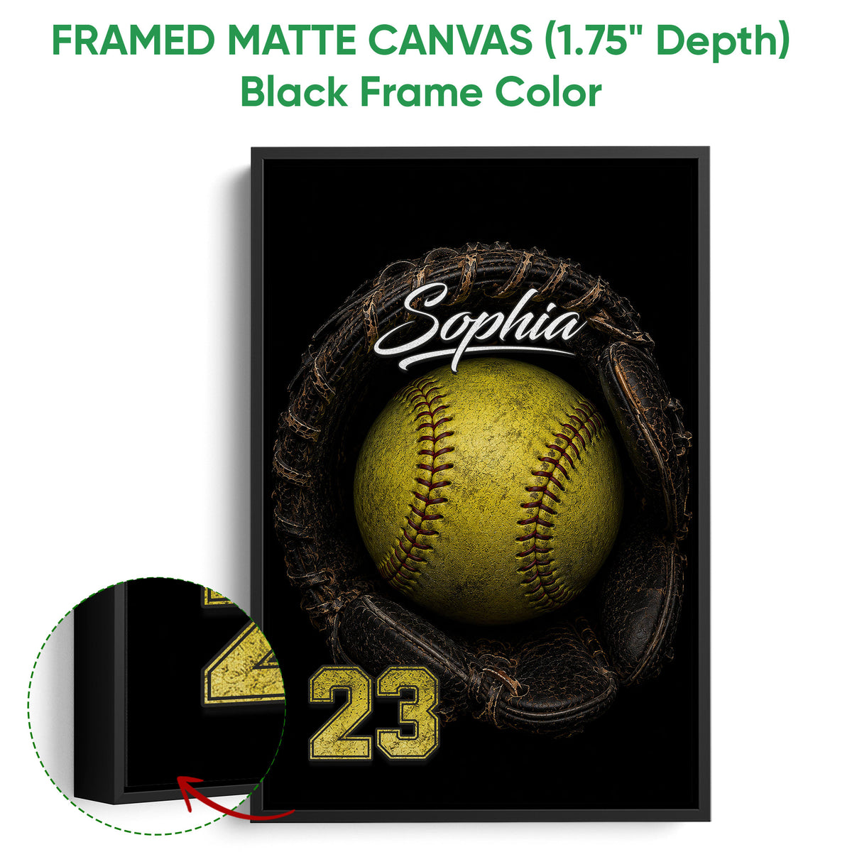 Black framed canvas softball wall art with a close-up view of the frame and bold sports artwork